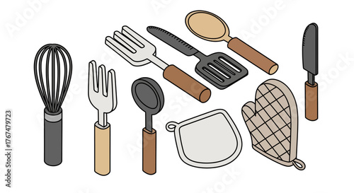 Isometric kitchen utensils collection: fork, spoon, knife, whisk, spatula, mitt