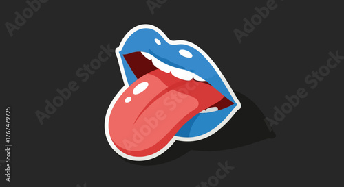 Colorful pop art mouth with blue lips and red tongue on dark background