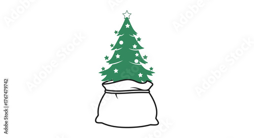 Minimalist christmas tree in a sack with star accents on white background