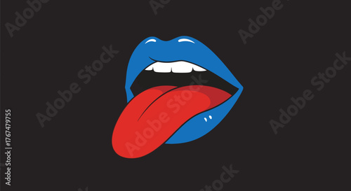 Pop art inspired open mouth with blue lips and red tongue on black background