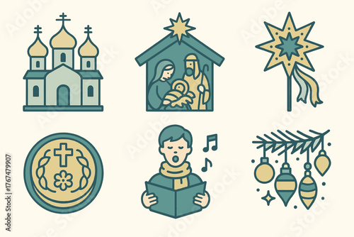 Festive christmas icons in retro style featuring nativity scene, choir, and decorations
