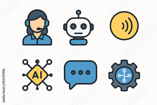 Flat style ai and robotics icons set with customer support, chat, and technology elements