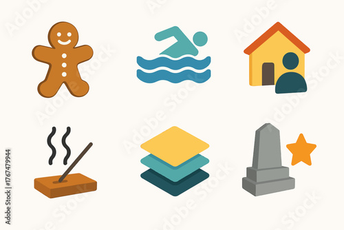 Set of flat icons: gingerbread, swimming, home, incense, layers, monument
