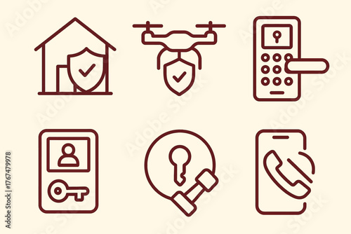 Home security icons: linear design for smart protection solutions