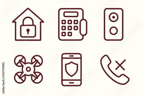 Smart home security icons set featuring line art design for modern technology