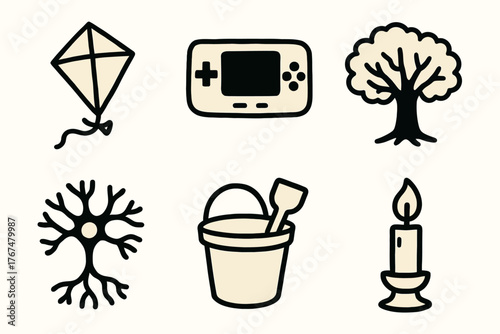Playful minimalist icons: kite, game console, tree, neuron, sand bucket, candle