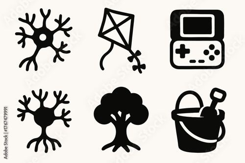 Silhouette icons of neuron, kite, game console, tree, and sand bucket