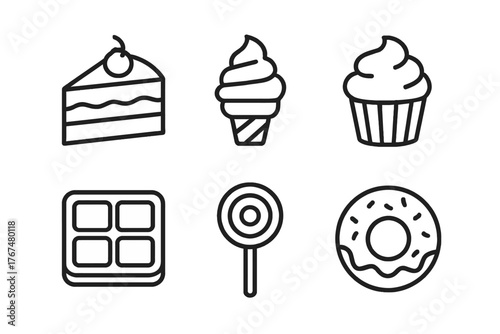 Simple line icons of sweet treats: cake, ice cream, and more