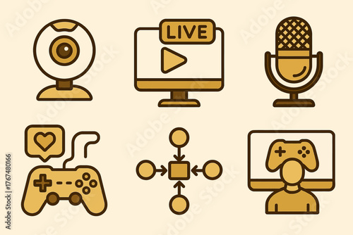 Minimalistic icons for streaming and gaming: webcam, live screen, microphone, controller