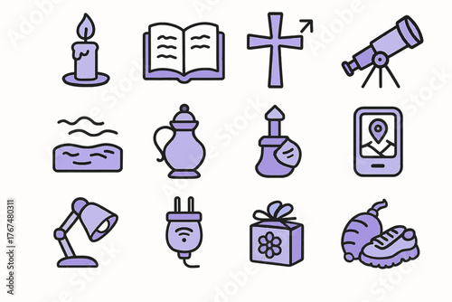 Minimalist icons: candle, book, cross, telescope, and more in modern design