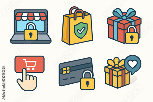 Secure online shopping icons with gift and lock elements in cute cartoon style