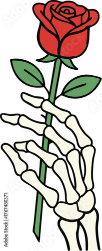 Skeleton hand holding a rose with leaves and thorns