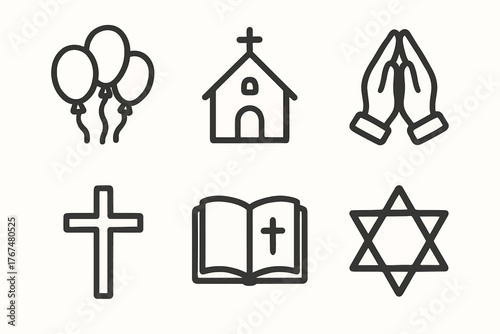 Minimalist religious icons: church, cross, star, praying hands, bible, balloons