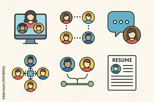 Human resource management icons set for digital communication and recruitment