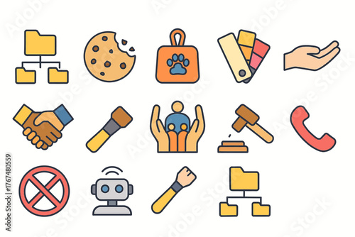 Colorful flat icons set featuring technology, business, and communication elements
