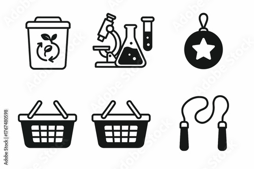 Linear icons: recycling, science, star ornament, shopping basket, jump rope