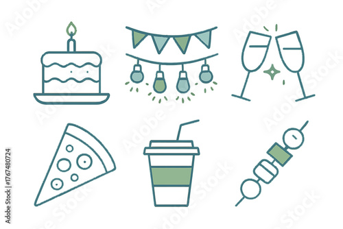 Neon outline celebration icons featuring cake, pizza, and drinks with festival decorations