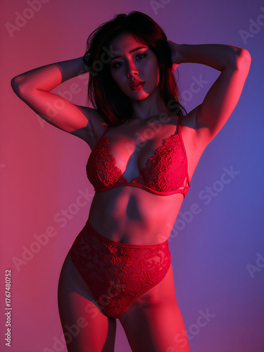 A sexy Asian woman in lace red lingerie poses,  with intense dramatic lighting.