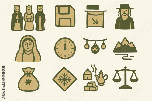 Retro style icon set: traditional, cultural, and miscellaneous elements