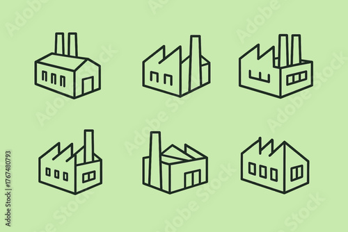 Industrial factory icons on green background in linear style
