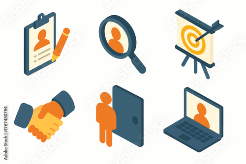 Isometric office icons: employee search, business presentation, online meetings