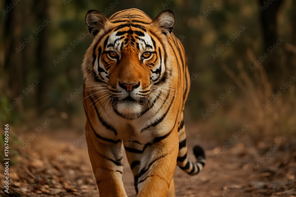 Fototapeta premium Majestic Tiger Roaming in Wildlife Safari: Stunning Close-Up Photograph of Endangered Feline Predator in Natural Habitat