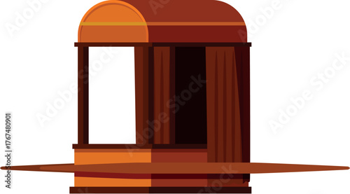 Empty food stall with blank menu board and curtains, ideal for street food vendors