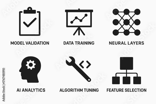 Ai and machine learning icons: training, neural networks, and analytics