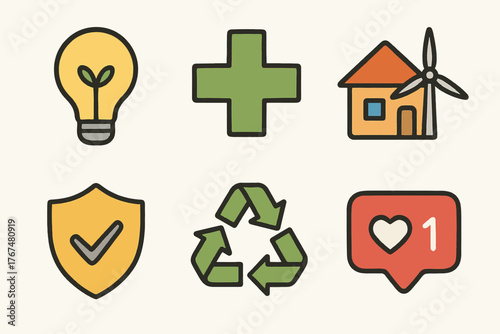 Eco-friendly icons: lightbulb, green energy, recycling, social media, and more in flat design