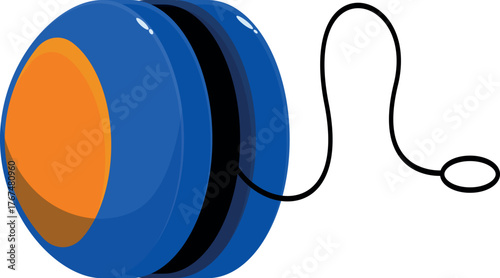 Classic yo yo toy with blue and orange body and black string, hanging against a white background, representing childhood games and nostalgia