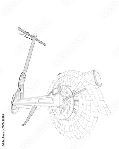 Electric scooter 3D wireframe model with sleek black and white design, large central wheel, curved glossy wheels, and adjustable handlebars on a clean white background.