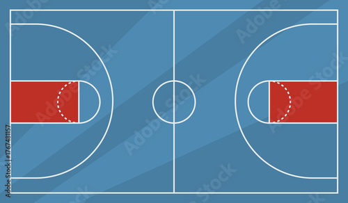 Overhead view of a basketball court showing the playing area markings, including the center lines, free throw lines, and keys