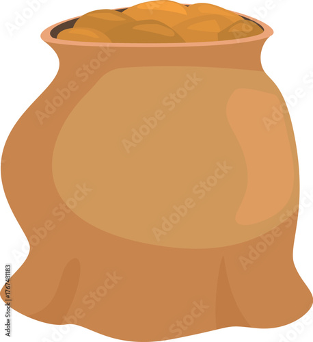 Burlap sack overflowing with recently harvested wheat grains, representing abundance and harvest