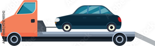 Tow truck transporting a broken down car, providing roadside assistance and vehicle recovery services