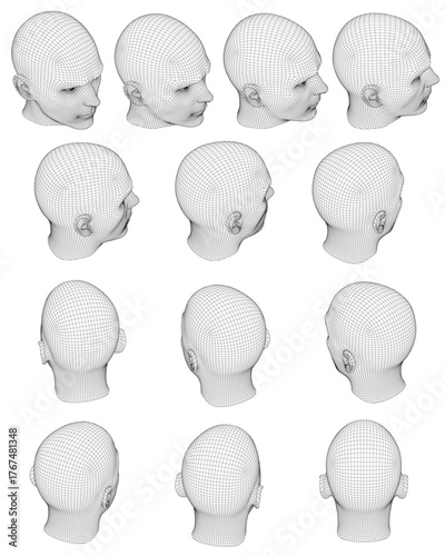 Realistic 3D model of a male head displaying various facial expressions in a detailed character set. This anatomical study highlights muscle structure and emotional versatility for animation.