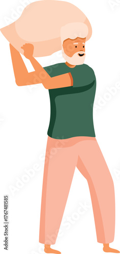 Elderly farmer holding a heavy sack of harvest on his shoulders, working hard on the farm