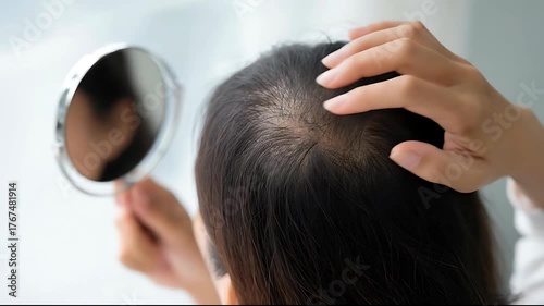 Hair Loss Concerns - Woman Examining Thinning Hair in Mirror.
