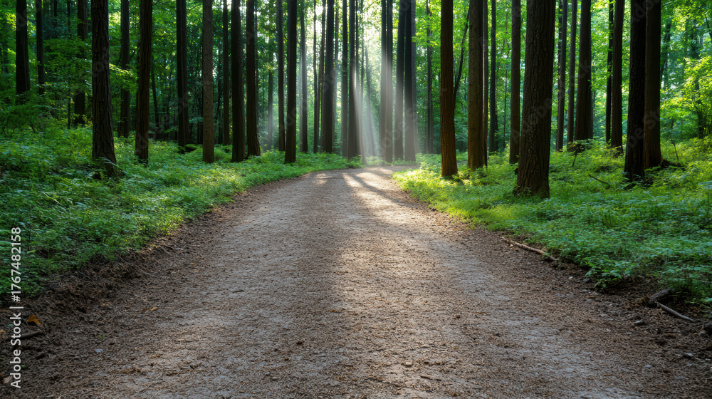 Obraz premium Dirt path surrounded by tall trees with sunlight filtering through leaves creates serene