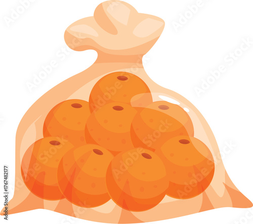 Ripe oranges filling a tied plastic bag, ready to be taken home from the grocery store