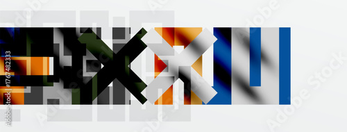 Abstract mosaic pattern. Rectangular blocks, varied colors, gray background. Modern design, digital art, geometric shapes present.