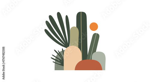 Abstract minimalist desert plants and sun illustration.
