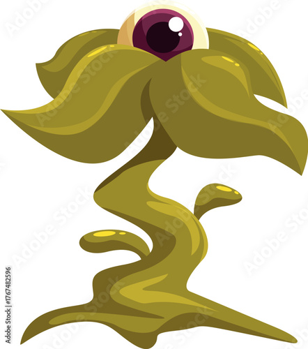 Creepy cartoon green mutant plant growing with a big eye on top, for halloween or scary concepts