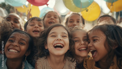 Joyful laughter from a diverse group of children celebrating together at an outdoor party with colorful balloons