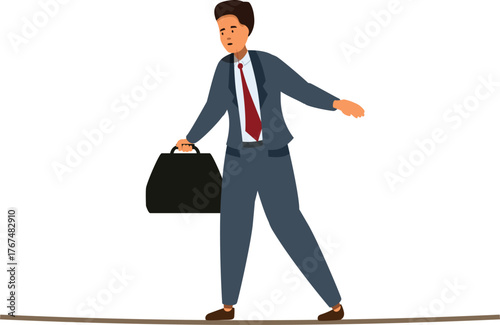 Businessman carefully balancing on tightrope while holding briefcase, facing challenge and risk in business