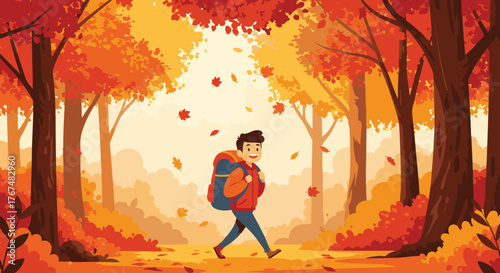 A Boy's Autumn Adventure Hiking Through a Colorful Forest with Falling Leaves