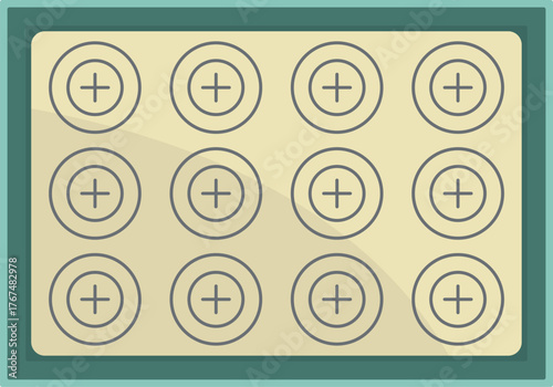 Rectangular baking tray featuring twelve perfectly round forms, ideal for creating delicious cupcakes and muffins