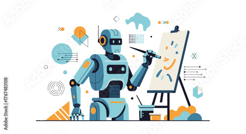 Artistic Robot Painting on Canvas Depicting Futuristic Technology.