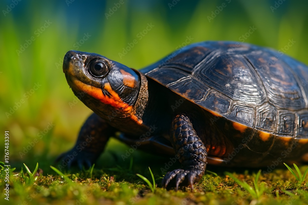Obraz premium Macro Close-Up of a Colorful Exotic Land Turtle Crawling in Its Natural Habitat: Discover the World of Turtle Wildlife and Conservation in a Picturesque Scene