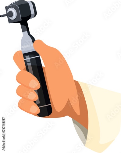 Doctor holding an otoscope, preparing for an ear examination, emphasizing healthcare and medical diagnosis