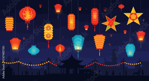 Colorful array of illuminated paper and star lanterns at night.